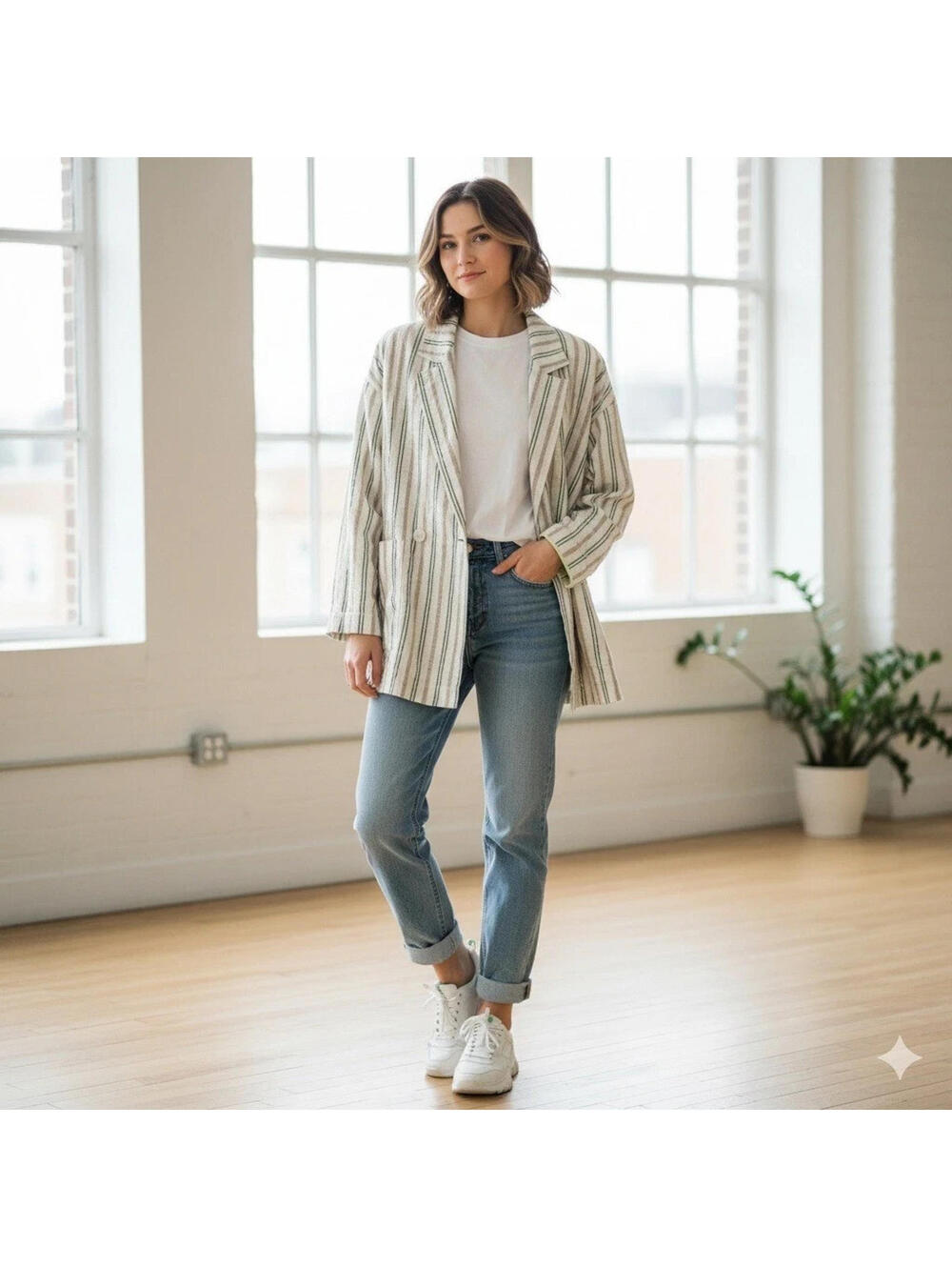 MAEVE by Anthropologie Cotton Striped Lightweight Oversized  Blazer Casuar XS